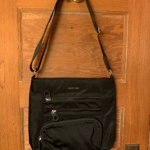 Calvin Klein Black Microfiber Shoulder Bag Outside Zipper Pockets